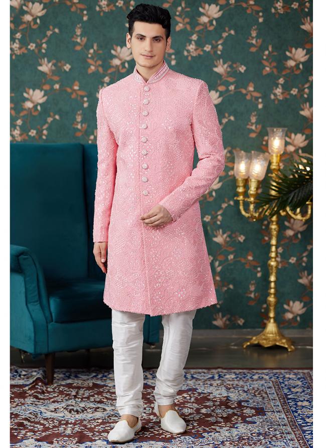 Art Silk Pink Groom Wear Thread Work Readymade Sherwani